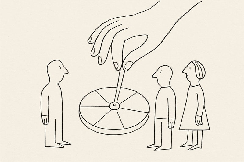 A single hand gently steadies a small spinner wheel while three simple figures look on, suggesting fair turns and calm collaboration in modern work.